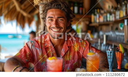 A cheerful bartender wearing a bright red Hawaiian shirt, working at a bustling beach bar. 111280672
