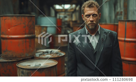 A businessman in a suit, standing in a industrial setting surrounded of dirty oil barrels. His expression is serious, reflecting the weight of a global energy crisis. 111280698