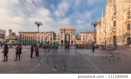 Panorama showing Milan Cathedral and Vittorio Emanuele gallery timelapse. 111280699