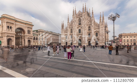 Panorama showing Milan Cathedral and Vittorio Emanuele gallery timelapse. 111280700