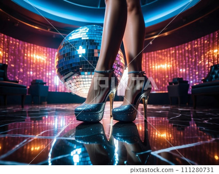 Legs in high heels on a black dance floor in a club, facing a silver disco ball. Purple walls with mosaic pattern and yellow lighting. 111280731