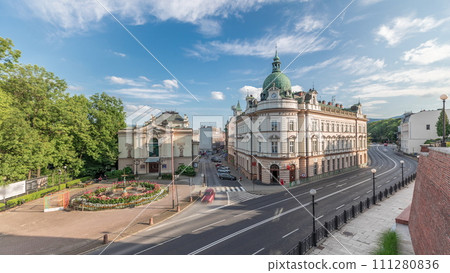 Panorama showing Theater Square with Main Post Office building aerial timelapse and Polish Theater 111280836