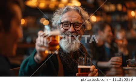 A cozy, traditional Irish pub with a group of friends gathered around, raising their glasses for a toast. The scene is lively, with rustic wooden interiors and Celtic music in the background 111280859