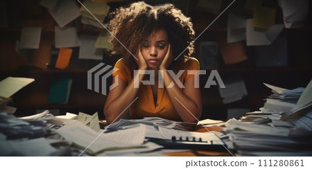 AI-generated content. Stressed and exhausted office worker with pile of document without comeliness 111280861