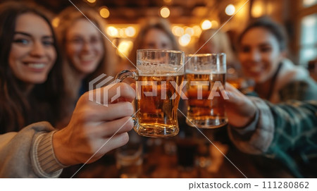 A cozy, traditional Irish pub with a group of friends gathered around, raising their glasses for a toast. The scene is lively, with rustic wooden interiors and Celtic music in the background 111280862