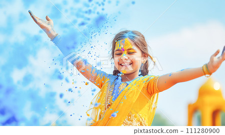 AI-generated content. A little cute girl in the national dress of a sari dances joyfully among the clouds of yellow Holi powder against AI-generated content. A little cute girl in the national dress of a sari dances joyfully among the clouds of yellow Holi powder against 111280900