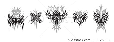 Neo tribal gothic tattoo set, ethnic y2k vector ornament, black symmetry rock music cover print. Neo tribal gothic tattoo set, ethnic y2k vector ornament, black symmetry rock music cover print. 111280906