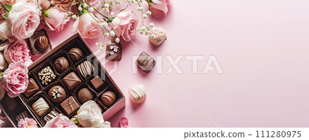 AI-generated content. Set of chocolates in a craft box decorated with satin ribbon, festive pastel pink trendy background with fresh flowers AI-generated content. Set of chocolates in a craft box decorated with satin ribbon, festive pastel pink trendy background with fresh flowers 111280975