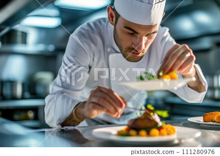 AI-generated content. Professional Chef Plating Gourmet Food in Kitchen. Resplendent. AI-generated content. Professional Chef Plating Gourmet Food in Kitchen. Resplendent. 111280976