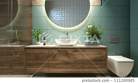 AI-generated content. Bright bathroom with green subway tiles and white sink close-up on a wooden countertop. Interior design, cozy lifestyle AI-generated content. Bright bathroom with green subway tiles and white sink close-up on a wooden countertop. Interior design, cozy lifestyle 111280985