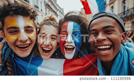 AI-generated content. A group of young fans with their faces painted in colors of French flag cheering event, Fans of Olympic sports AI-generated content. A group of young fans with their faces painted in colors of French flag cheering event, Fans of Olympic sports 111280986