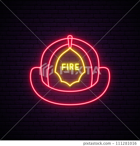 Neon fireman helmet sign. 111281016