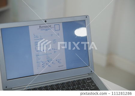 Close up view of job interview in office, focus on resume writing tips, employer reviewing good cv of prepared skilled applicant, recruiter considering application, hr manager making hiring decision Close up view of job interview in office, focus on resume writing tips, employer reviewing good cv of prepared skilled applicant, recruiter considering application, hr manager making hiring decision 111281286