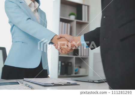 Close up view of job interview in office, focus on resume writing tips, employer reviewing good cv of prepared skilled applicant, recruiter considering application, hr manager making hiring decision Close up view of job interview in office, focus on resume writing tips, employer reviewing good cv of prepared skilled applicant, recruiter considering application, hr manager making hiring decision 111281293