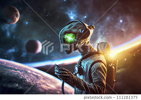 Humanoid alien and the Earth planet, conceptual ai illustration 111281375