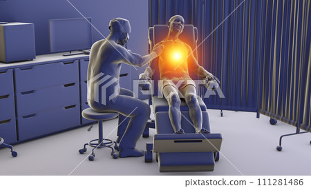 A male patient experiencing heart pain, 3D illustration 111281486