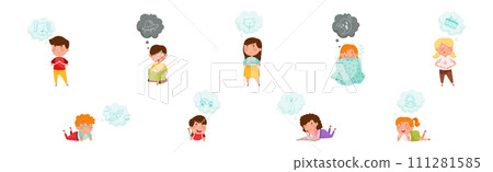 Cute Kid Imagining Object in Dream Bubble or Cloud Vector Set 111281585