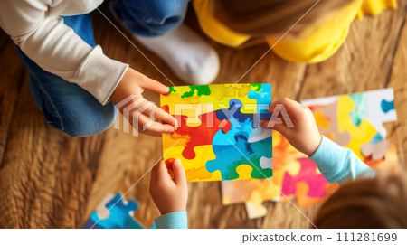 The boy gives a postcard to a friend with autism as a sign of support. Generated AI 111281699