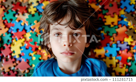 Kid lies surrounded by bunch of colorful puzzles representing symbol of autism. Generated AI 111281715