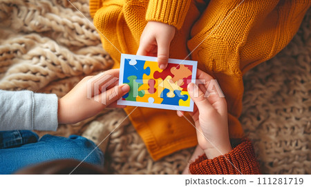 Card with picture of colored puzzles in hands of children. Generated AI 111281719