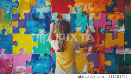 Kid paints the wall with paints and brush, drawing large details of color puzzle. Generated AI 111281721