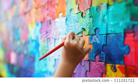 Close-up of a child's hand coloring colored puzzles on the wall.. Generated AI 111281722