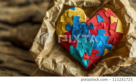 A colorful Heart with papier mache puzzles wrapped in kraft paper. Generated AI 111281725