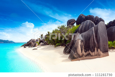 Anse Source D'Argent - the most beautiful beach of Seychelles. La Digue Island, Seychelles Anse Source D'Argent - the most beautiful beach of Seychelles. La Digue Island, Seychelles 111281730
