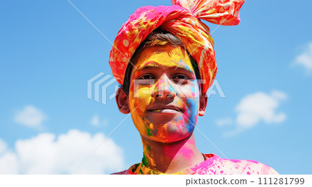 AI-generated content. Portrait of a young handsome man in a national elegant headdress, among clouds of blue and yellow Holi powder against a bright blue sky, copy space 111281799