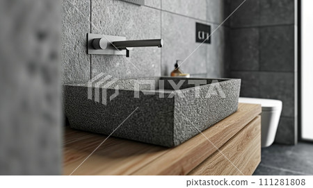 AI-generated content. Modern square gray stone sink closeup, wooden shelf vanity, wall hung toilet in bathroom, minimalist style. Interior design 111281808
