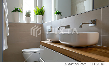 AI-generated content. Bright bathroom with white sink on a wooden countertop, monochrome beige colors, daytime. Interior design 111281809