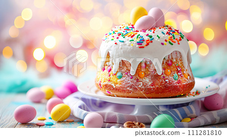 AI-generated content. Colorfully decorated Easter cake with icing and sprinkles, surrounded by pastel colored eggs, festive background 111281810