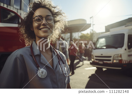 AI-generated content. Smiling Paramedic Professional Near Ambulance 111282148