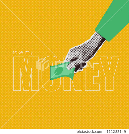 Digital typography halftone collage banner. Big word MONEY with Hand giving and receiving banknote. Vector illustration. 111282149