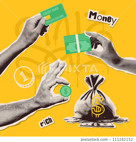 Halftone set of hands with torn out paper collage elements of money theme hand holding banknote, coin, plastic card. Trendy retro 90s, y2k 00s style. Vector illustration. 111282152