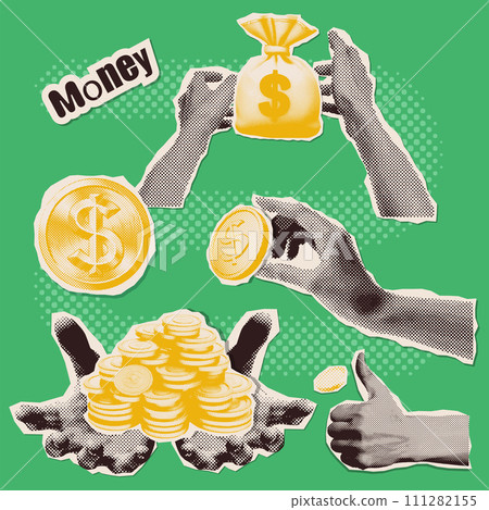 Set of hand paper sticker elements holding money for halftone collages. Retro y2k vector illustration on finance theme with coin dollars and money sack. 111282155