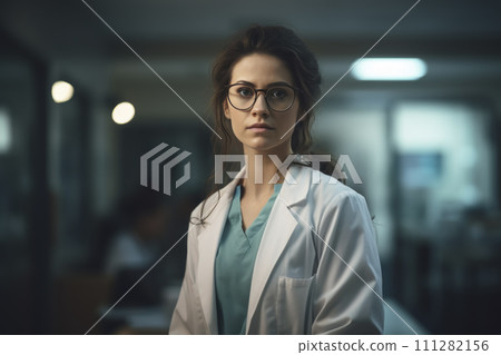 AI-generated content. Focused Female Doctor in Hospital Corridor 111282156