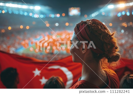AI-generated content. Soccer fan or football fan with flag at cheering while winning match. Generative AI 111282241