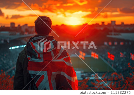 AI-generated content. Soccer fan or football fan with flag at cheering while winning match. Generative AI 111282275