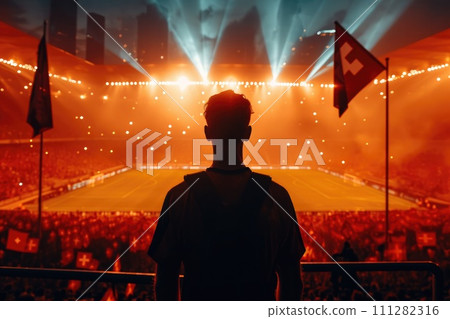 AI-generated content. Soccer fan or football fan with flag at cheering while winning match. Generative AI 111282316