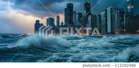 AI-generated content. Hurricane destroys city shore, infrastructure and causing damage and floods 111282498