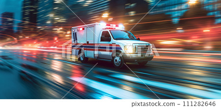 AI-generated content. Ambulance first responders rushing to save from fire, accidents and medical emergency 111282646