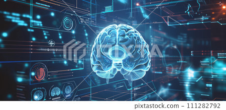 AI-generated content. Concept of neural science, brain computer AI interface, scan, brain neurology and neural network AI-generated content. Concept of neural science, brain computer AI interface, scan, brain neurology and neural network 111282792