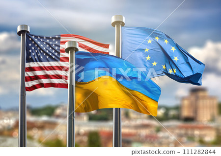 Flags of United states of America, Ukraine and European Union ag 111282844