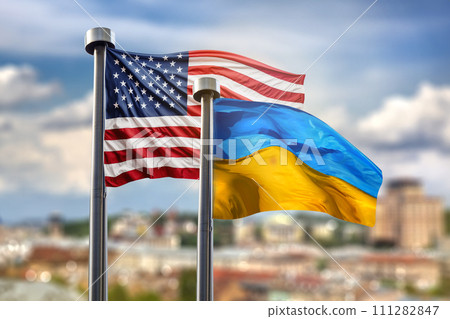 Flags of United states of America and Ukraine against Kyiv on ba 111282847
