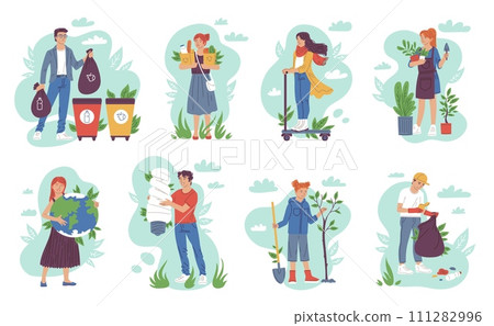 Various volunteering vector set, ECO friendly characters collect waste, planting trees, Environmental care, Save nature Various volunteering vector set, ECO friendly characters collect waste, planting trees, Environmental care, Save nature 111282996