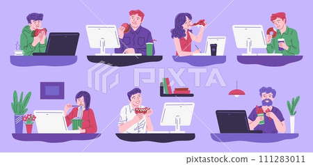 People snacking on fast food at workplaces, set of vector illustration 111283011