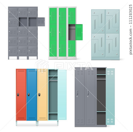 Different metal cabinet, steel locker, safe boxes stand with doors set 111283025