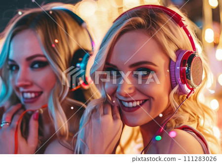 AI-generated content. Sexy young ladies listening to modern hip hop and rap music in colorful headphones at party 111283026