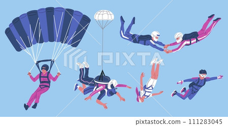 Parachute Skydivers take the leap from planes, flat vector illustration isolated. 111283045